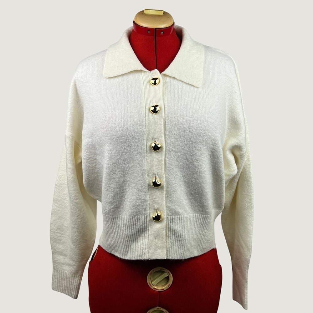 A New Day Cream Knit Cardigan Gold Heart Buttons Polo Collar Sweater Medium